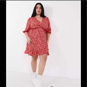 New Look Curve wrap mini dress red floral print size 18